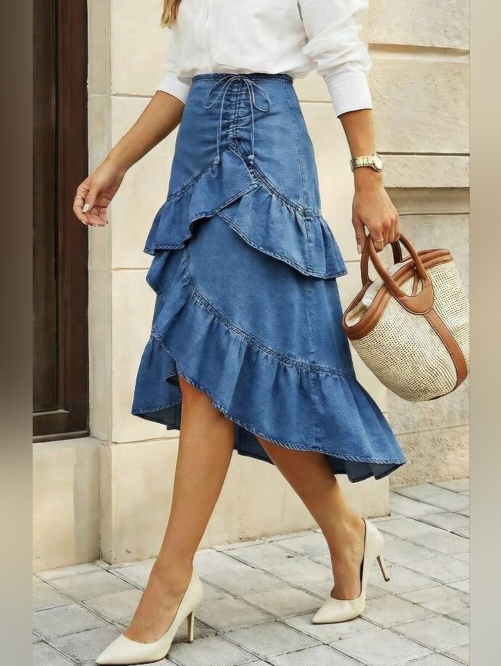 Denim Ruffle Curvy Size High-Low Skirt Size XL-12, 1XL-14, 2XL-16, 3X-18